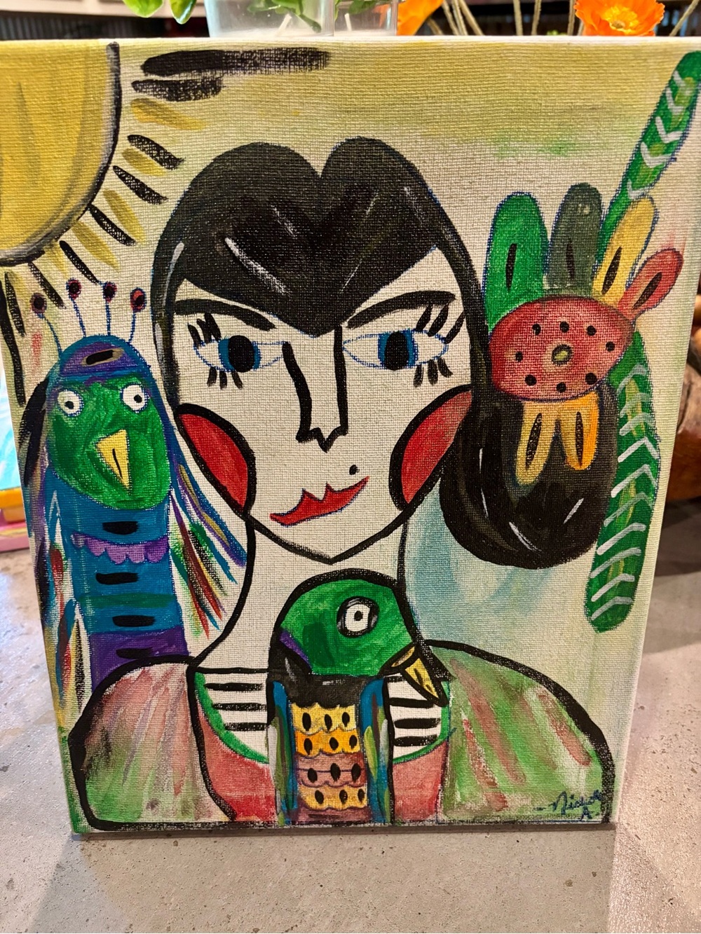 Folk art girl Colorful Abstract Woman & Birds Canvas Art - Green, Black, Red